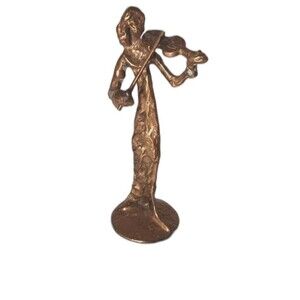 Brass Violin Lady Sculpture Playing Music Contemporary Modern Metal Base Mounted